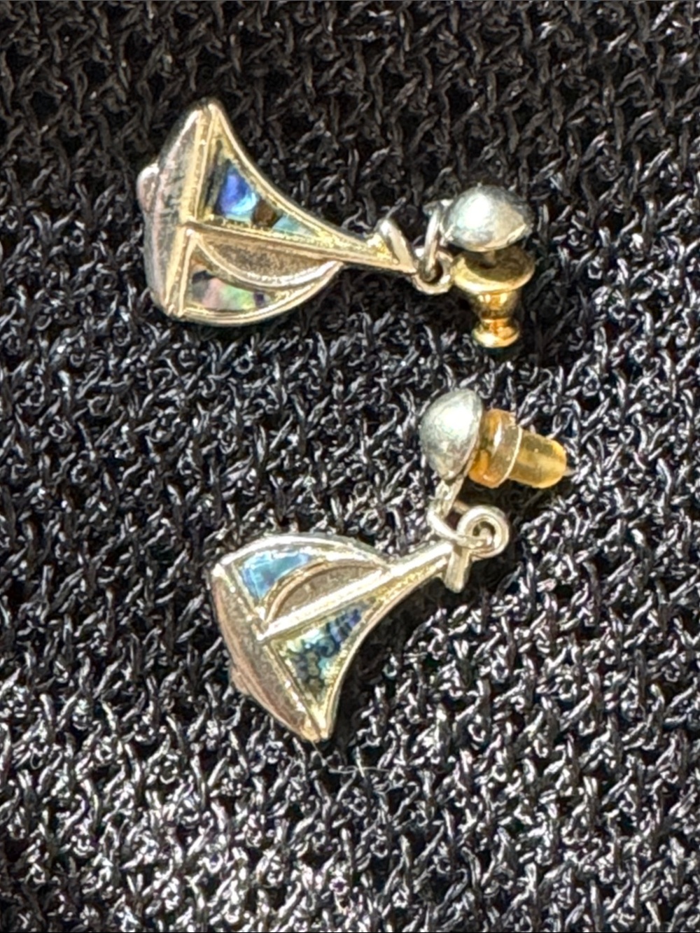 Silver Sailboat Abalone Drop Earrings - Iridescent Blue